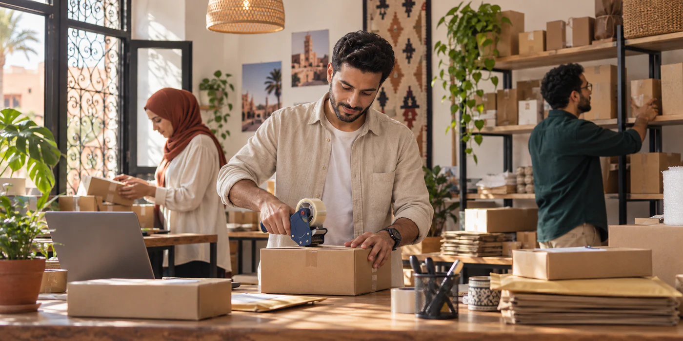 فريق مغربي صغير كيجهز الطلبات داخل مساحة عمل دافئة